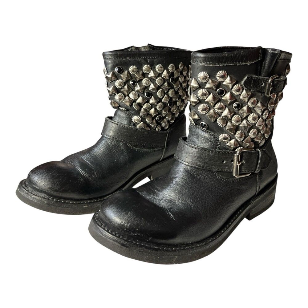 ASH Titan Womend Ankle Boots Black Leather Studded Buckle Biker Moto Size 8.5